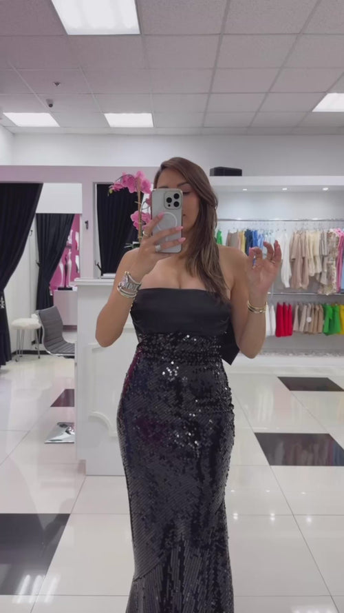 BLACK SEQUINS BACK BOW DRESS